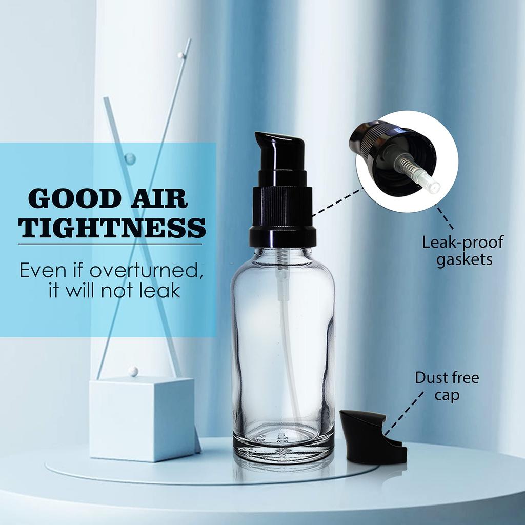 Nsb Herbals 30 Ml Clear/Transparent Round Empty Glass Bottle With Lotion Pump And Black Cap For Essential Oils, Diy Skin Care, Cosmetics, Bottle (Pa