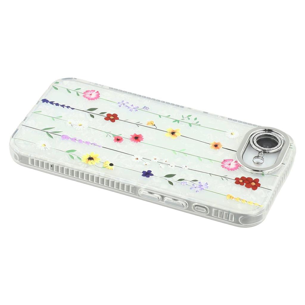 Für iPhone 16e Hülle Galvanisiertes Blumenmuster IMD TPU+PC Handy-Rückseite mit Glaslinsenfolie