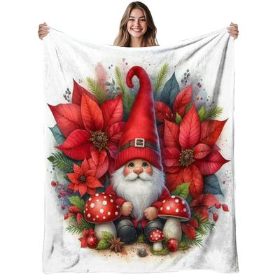 1pc Christmas Gnome Flannel Blanket | Soft, Warm, Festive Style Design, Polyester, 280gsm, All-Season Use, Ideal for Sofa, Bed, Living Room | Christma