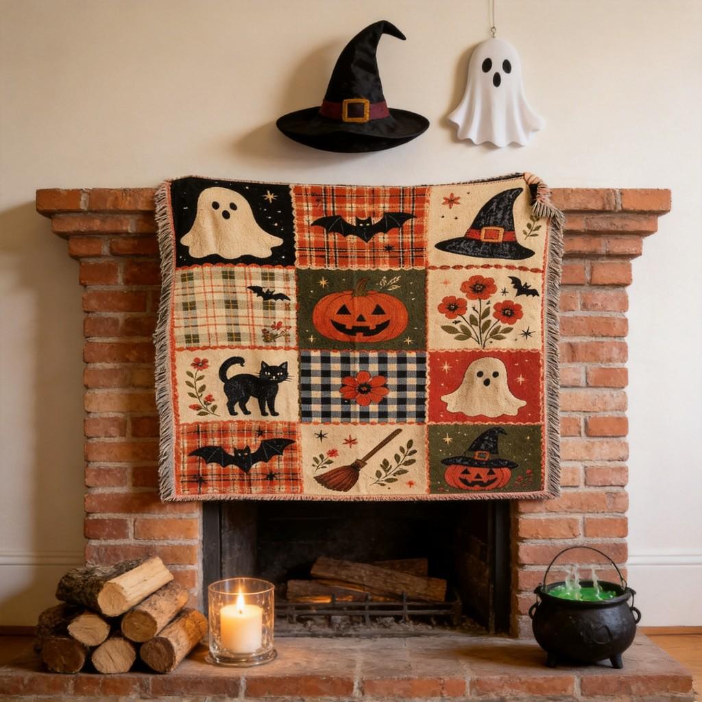 Koc Halloweenowy z Dynią i Duchem, z Wzorem Kreskówkowym, do Salonu i na Kemping