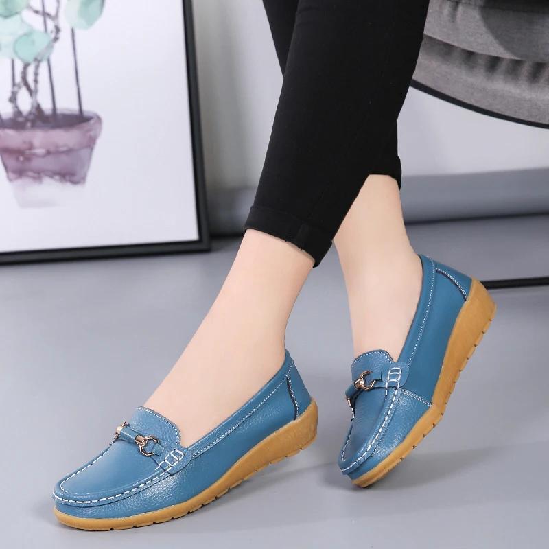 Platform Slip-On Moccasins Loafers Ladies Non-Slip Bean Nursing Walking Shoes Spring Flats Genuine Leather Casual Shoes Women