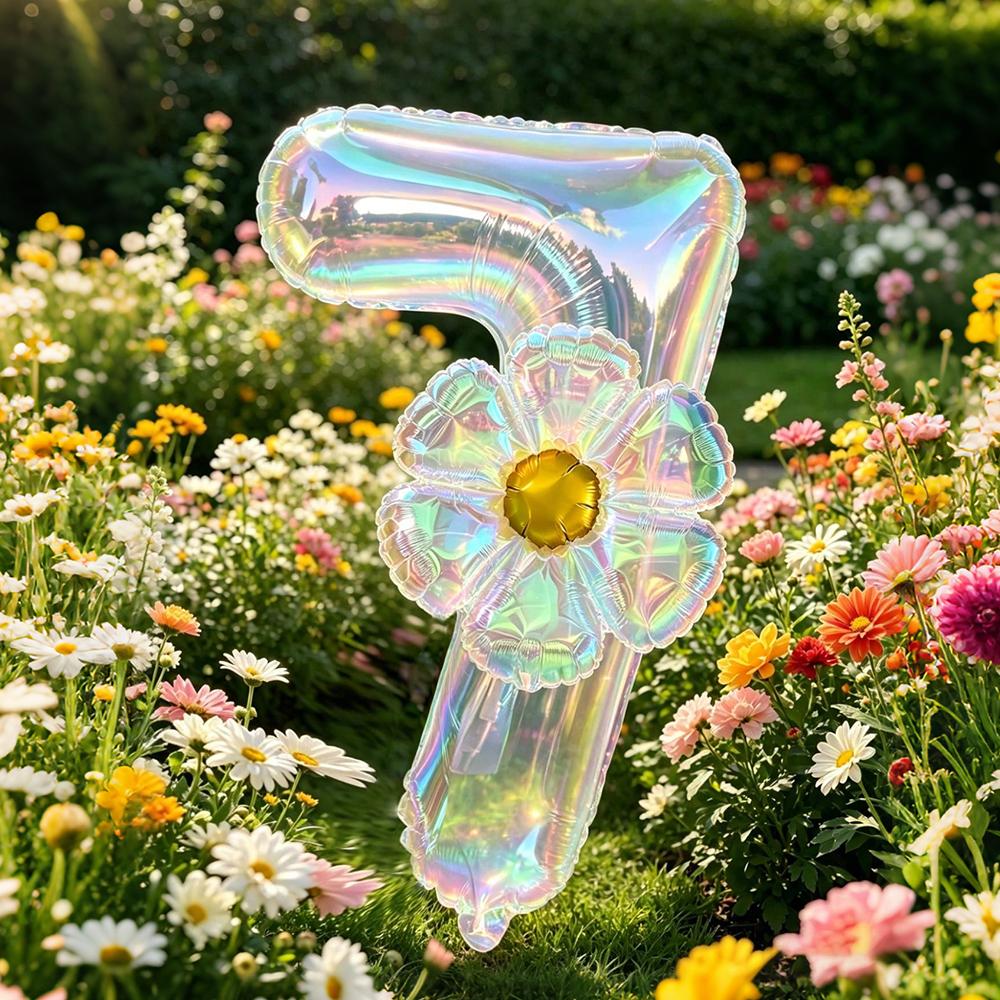 40Inch Colorful Transparent Number Balloons & Large Transparent Daisy Foil Balloons, For Birthday Party, Anniversary Decoration