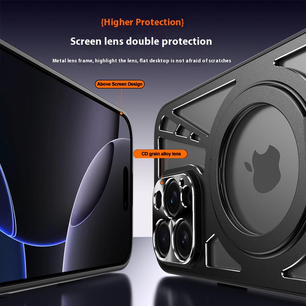 For iPhone 16 Pro Case Magnetic Kickstand Hollow Heat Dissipation Silicone+PC+Metal Bumper Phone Cover