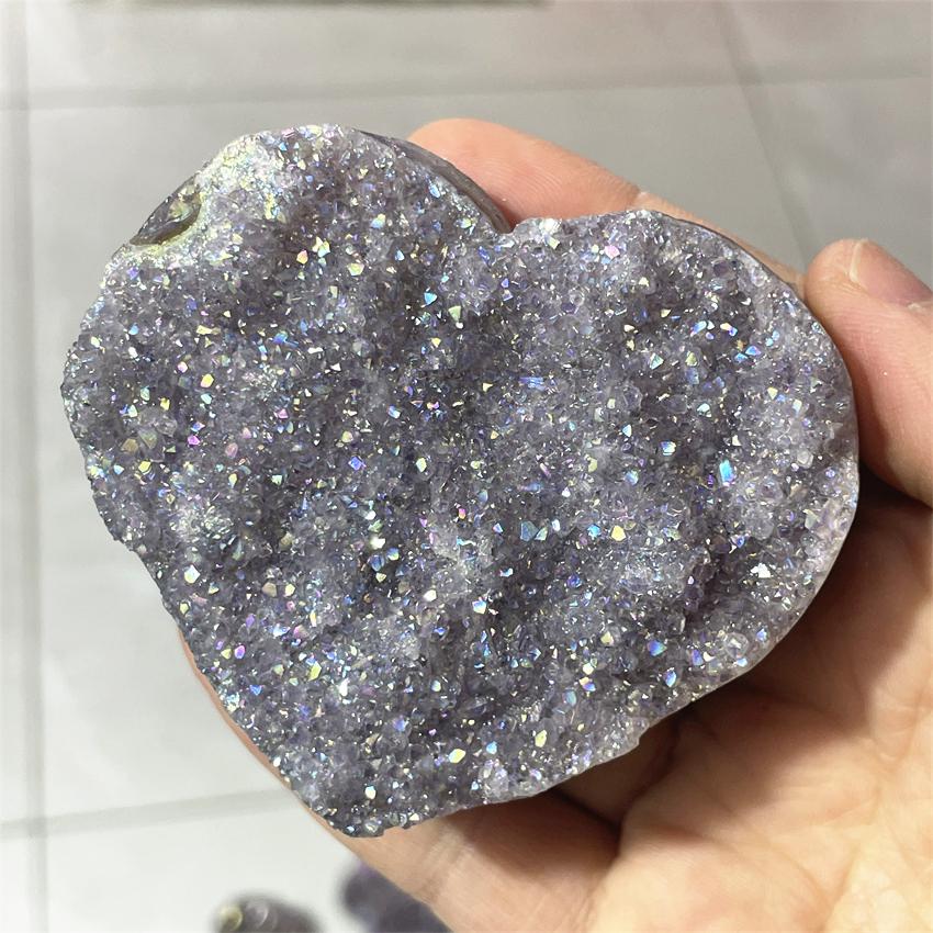 1pcs Amethyst Geode Heart Shaped Crystal Healing Crystals Stones Titanium Rainbow Aura Amethyst Cluster Angel Aura Quartz
