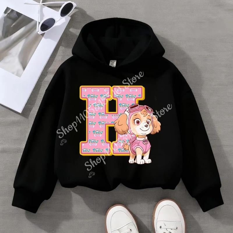 Child Black Long- Sleeve Hoodie Girls Skye Polyester Top Cartoon Letter A-Z Printed Pullover Children Birthday Gifts