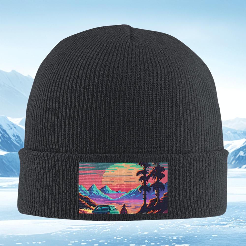Mountains sunset car silhouette person trees Men Women Unisex Knitted Hat Beanie Pullover Cap Winter Thermal Warm Christmas Outd