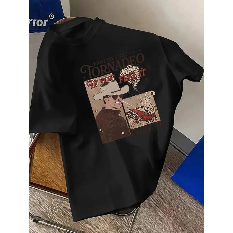 European Size Men'S T-Shirts  Cowboy Wearing Hat Man Encounters Tornado Pattern Round Neck Short-Sleeved T-Shirt Not The First Time Tornado Feeling