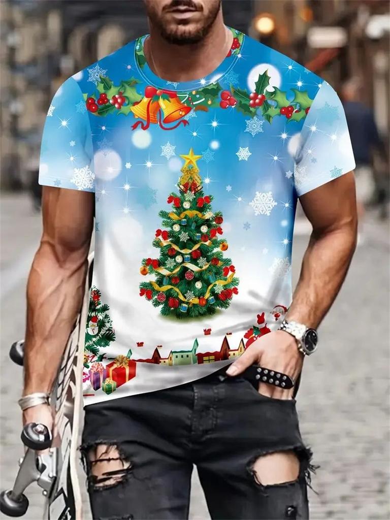 Fashionable Casual Comfortable Breathable Short Sleeved Round Neck T-shirt Summer Large Loose Creative Christmas Portrait 3D Printed Men's T-shirt