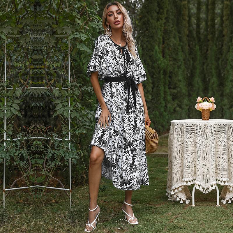

Летнее ретро элегантное платье с V-образным вырезом и короткими рукавами с растительным принтом, длинная подвеска XL чёрный