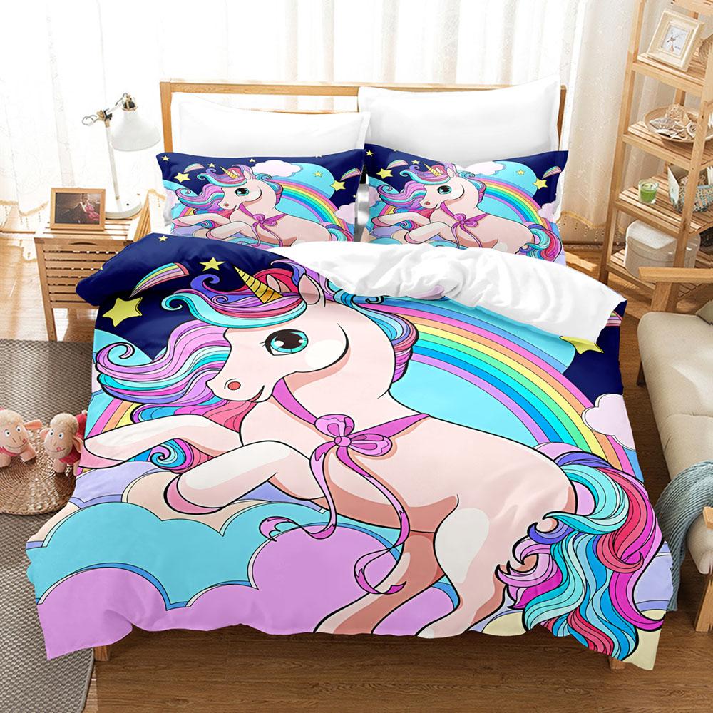 3D Cartoon Bedding Set Unicorn Rainbow Printed Duvet Cover Set Soft Skin-Friendly Single Double King Size for Kids Birthday Gift