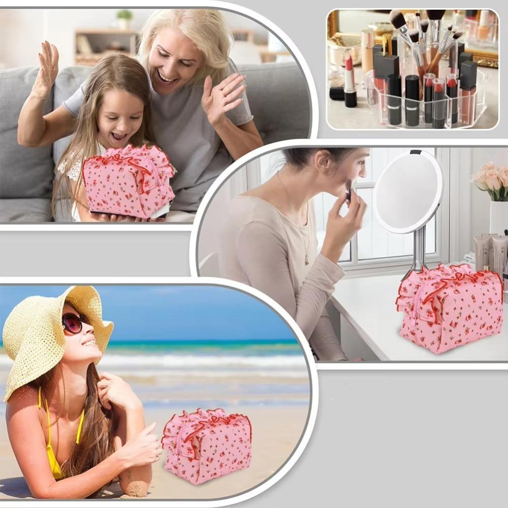 With Zipper Floral Cosmetic Bag Cherry Printed Toiletry Organizer Ruffle Makeup Bag  Travel