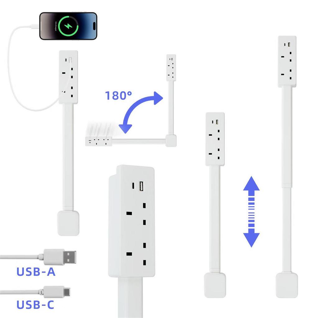Power outlet extender Accesses hard to reach outlets Features USB A USB C and 2 AC outlets Extends approximately 19.49 28.15 inches 180° rotatable