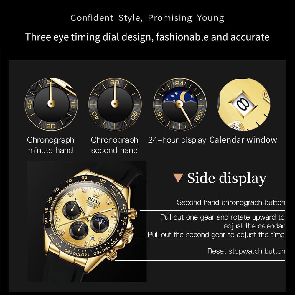 OLEVS Fashionable Watch Business Date Popular Watch Fashion Waterproof Japanese Quartz Watch Gold Silica Gel Belt Stopwatch Analog Arm Watch