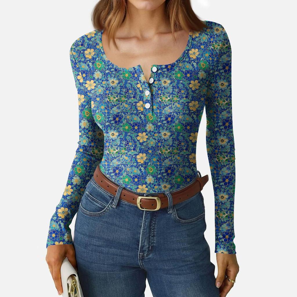 Women's Slim Bottom T-shirt Fashion Casual Gradient Printing Round Neck Pullover Long Sleeve Top