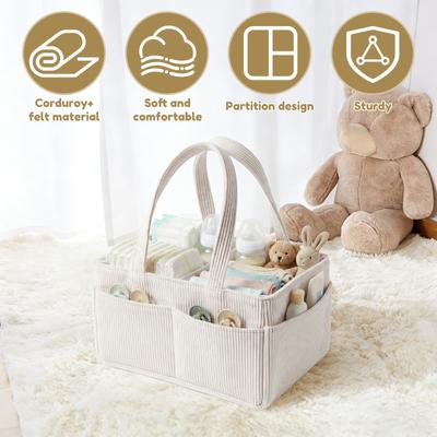 Baby Diaper Caddy Organizer Corduroy Diaper Storage Basket with Handle Foldable Multi-pocket Newborn Nappy Storage Organizer