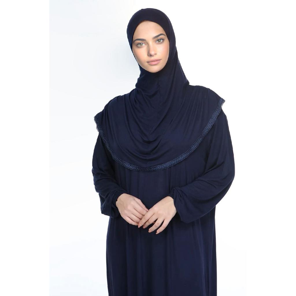 Damen Hijab-Gebetskleid aus Baumwolle mit Kopftuch, Spitze, einteilig, gekämmter Baumwollstoff, Schwarz
