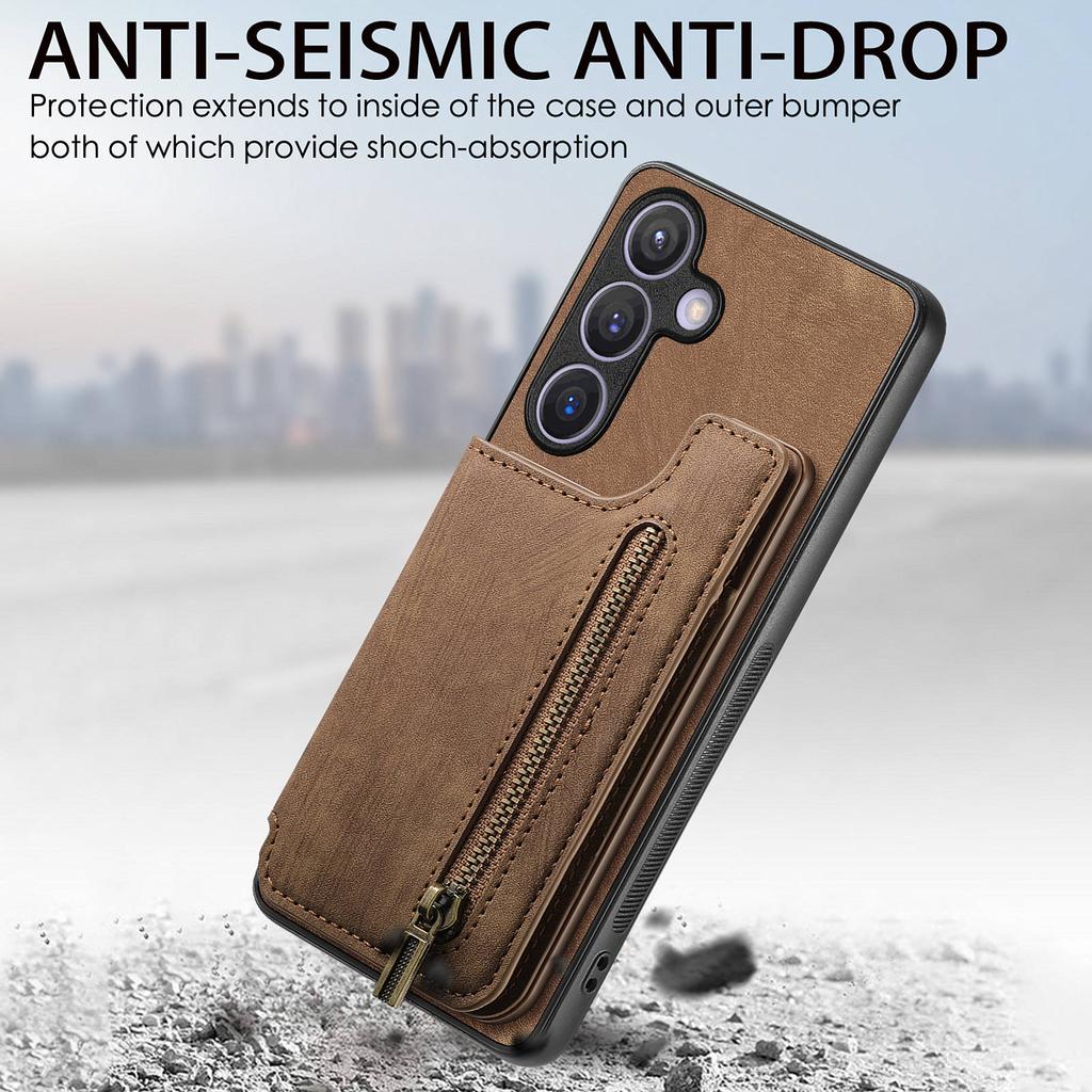 D15 For Samsung Galaxy S24 Wallet Case Retro PU+TPU Anti-scratch Kickstand Phone Shell