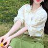Women's Loose Fit Floral Print Blouse with Ruffle Neck and Eyelet Detail Casual 3/4 Puff Sleeve Top