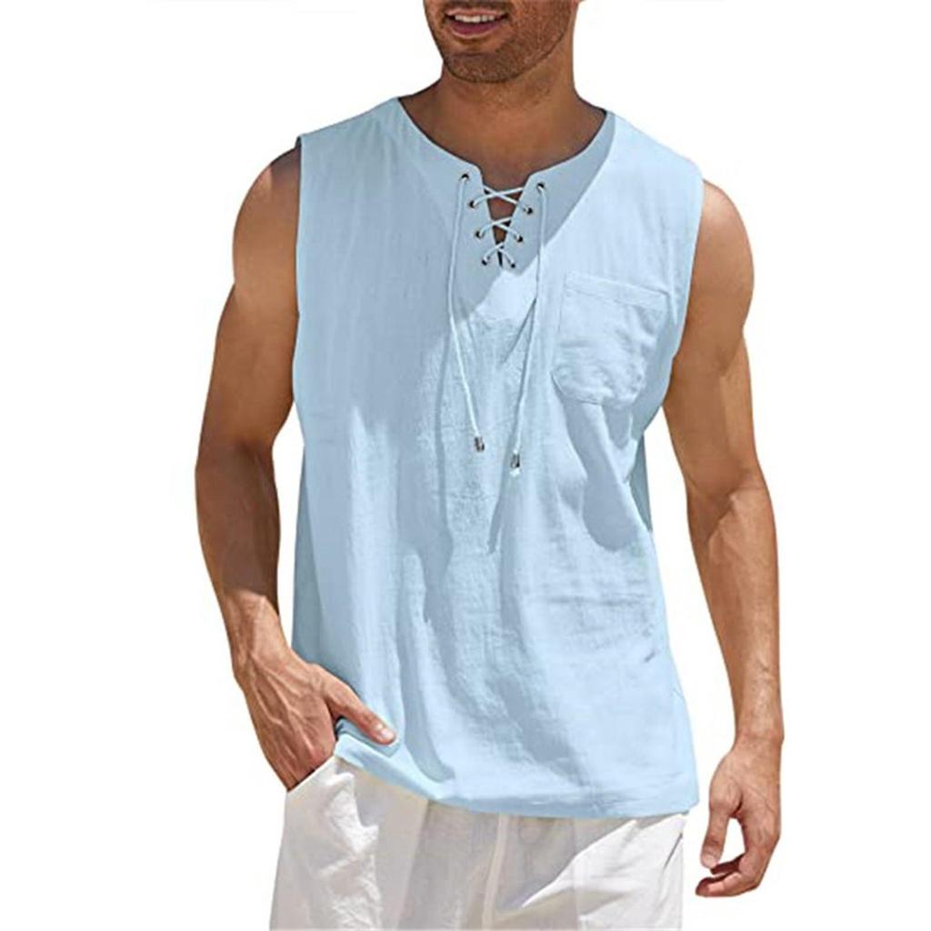 Men's Casual Loose Cotton Linen Shirts  Colour Shirt Blouse Sleeveless Vest Beach Shirts Tops