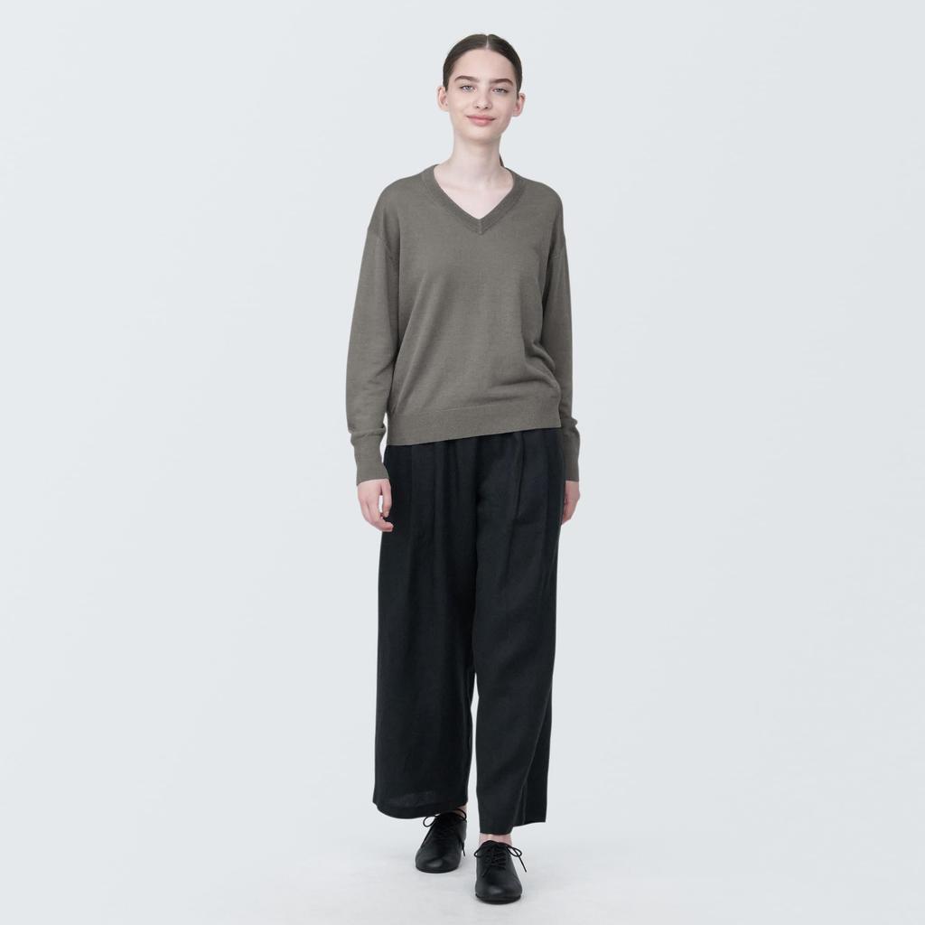 MUJI Hemp Blend Dark Mocha Size Size S Women's UV-Cut V-Neck Sweater, Brown, BA1OHA4S, Women's