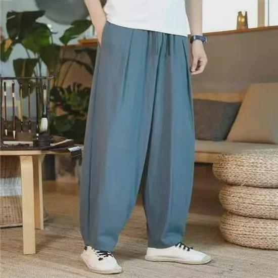 Men's Summer Loose-Fit Cotton Linen Wide-Leg Elastic Waist Sports Pants