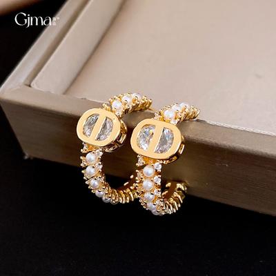 18k Real Gold Electroplating Temperament Zircon Geometric C-shaped Pearl Earrings Light Luxury Stud Earrings Exquisite Earrings