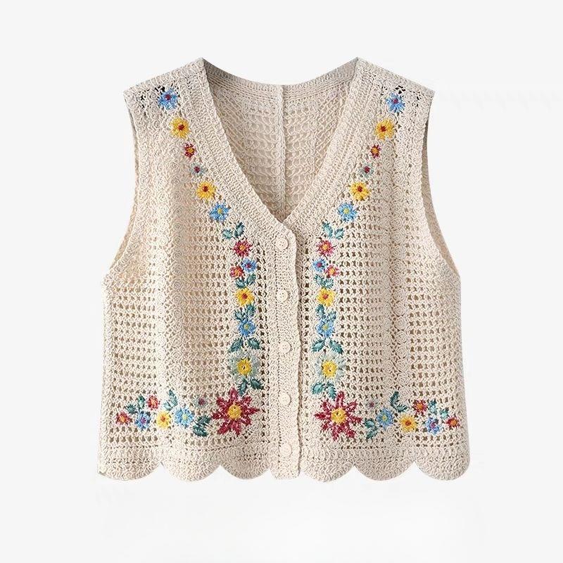 

Floral Embroidery Women s Vest Hollow Crochet Sleeveless Ladies Knitted Sweater Stacking Woman Autumn Trendy Casual Tops One Size бежевий