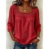 Women's Summer Square Neck Lace Trim Top 3/4 Sleeve Cotton Linen Blouse, Solid Color Casual Chic Shirt