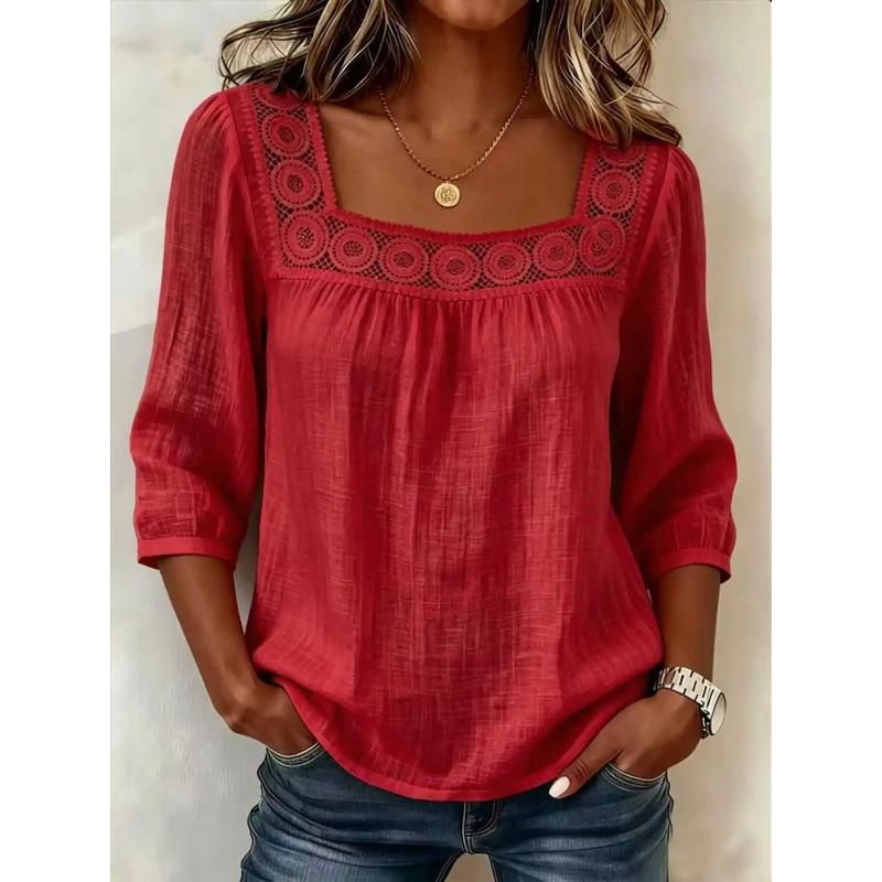 Women's Summer Square Neck Lace Trim Top 3/4 Sleeve Cotton Linen Blouse, Solid Color Casual Chic Shirt