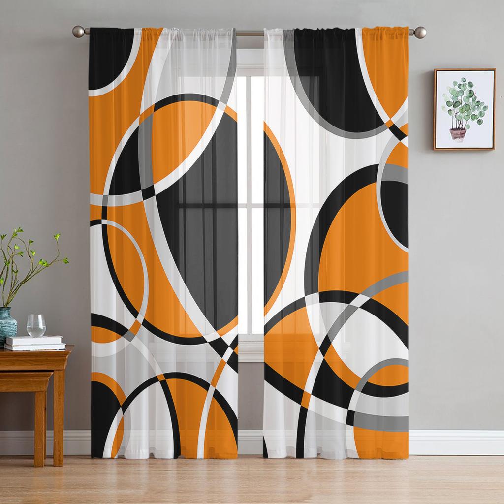 Geometric Abstract Round Artistic Orange Sheer Curtains Living Room Window Tulle Curtains Bedroom Veiling Curtains Luxury Drapes