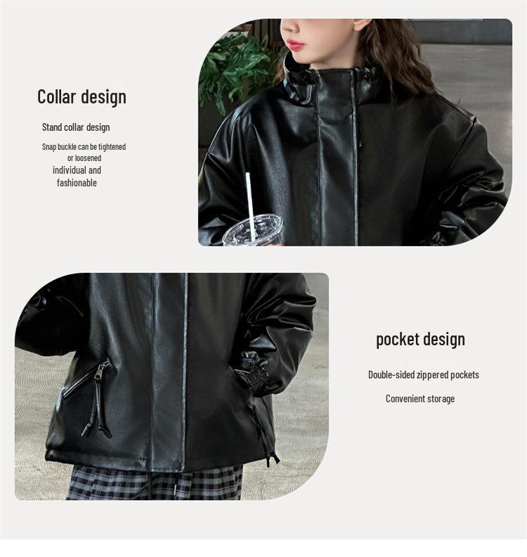 Girls' Stylish Korean Leather Jacket - 2025 Autumn/Winter Padded Coat for Big Kids