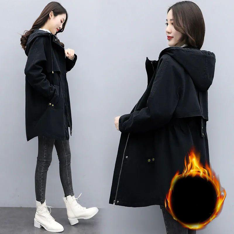 Dámská zimní parka Korejská plyšová zateplená dámská bunda Dámský teplý kabát s kapucí Středně dlouhý Ležérní svrchník