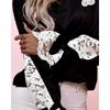 Autumn Splicing Lace Flare Long Sleeve Three Dimensional Flower Lace Up T-shirt High Street Daily Fashion Elegant Women's Top