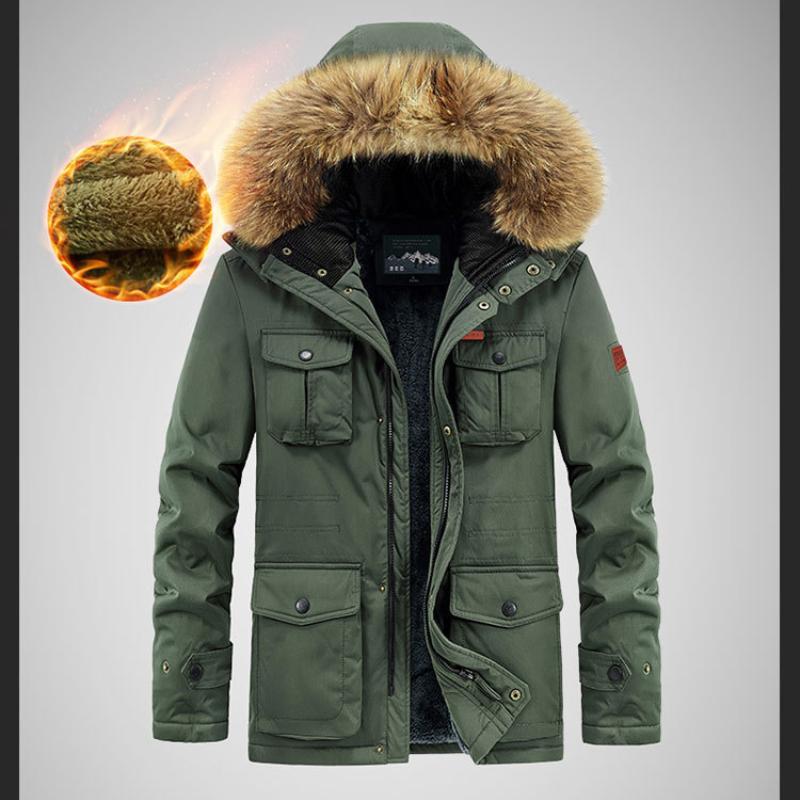 Men's Mid-Length Winter Fleece-Lined Hooded Warm Coat Youth Casual Multi-Pocket Thickened Coat