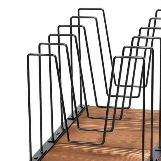 Inclined Desk File Organizer 5-Section Vertical File Folder Holder Stand Office Classroom Home Workspace Metal File Sorter Rack with Wooden Base