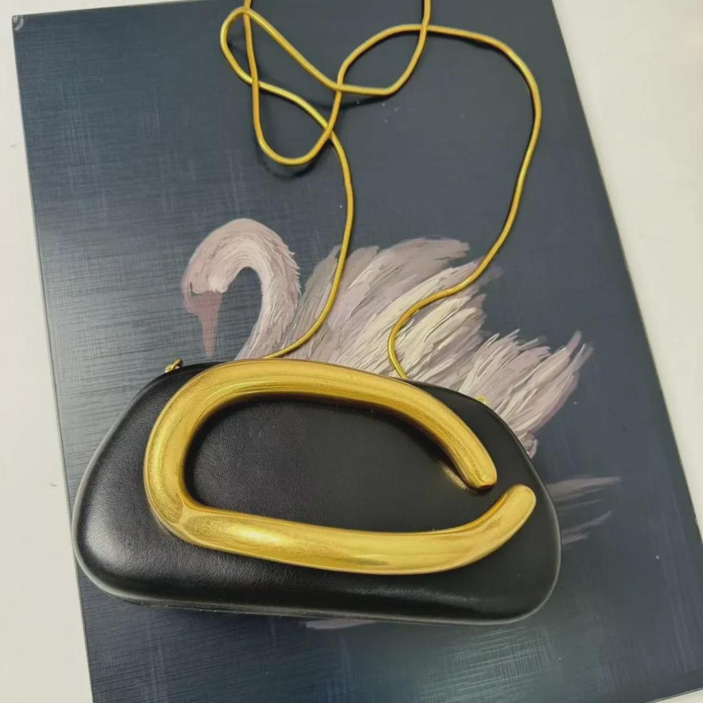 Vintage Round Evening Bag with Metal Handle & Chain Strap