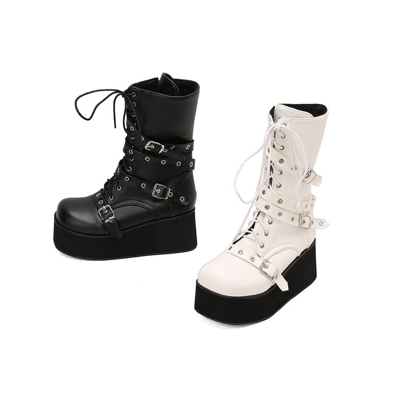 Women Mid Calf Boots Round Toe Wedge High Heels Buckle Lace-up Zipper Platform Ladies Fashion Shoes Autumn Winter 46