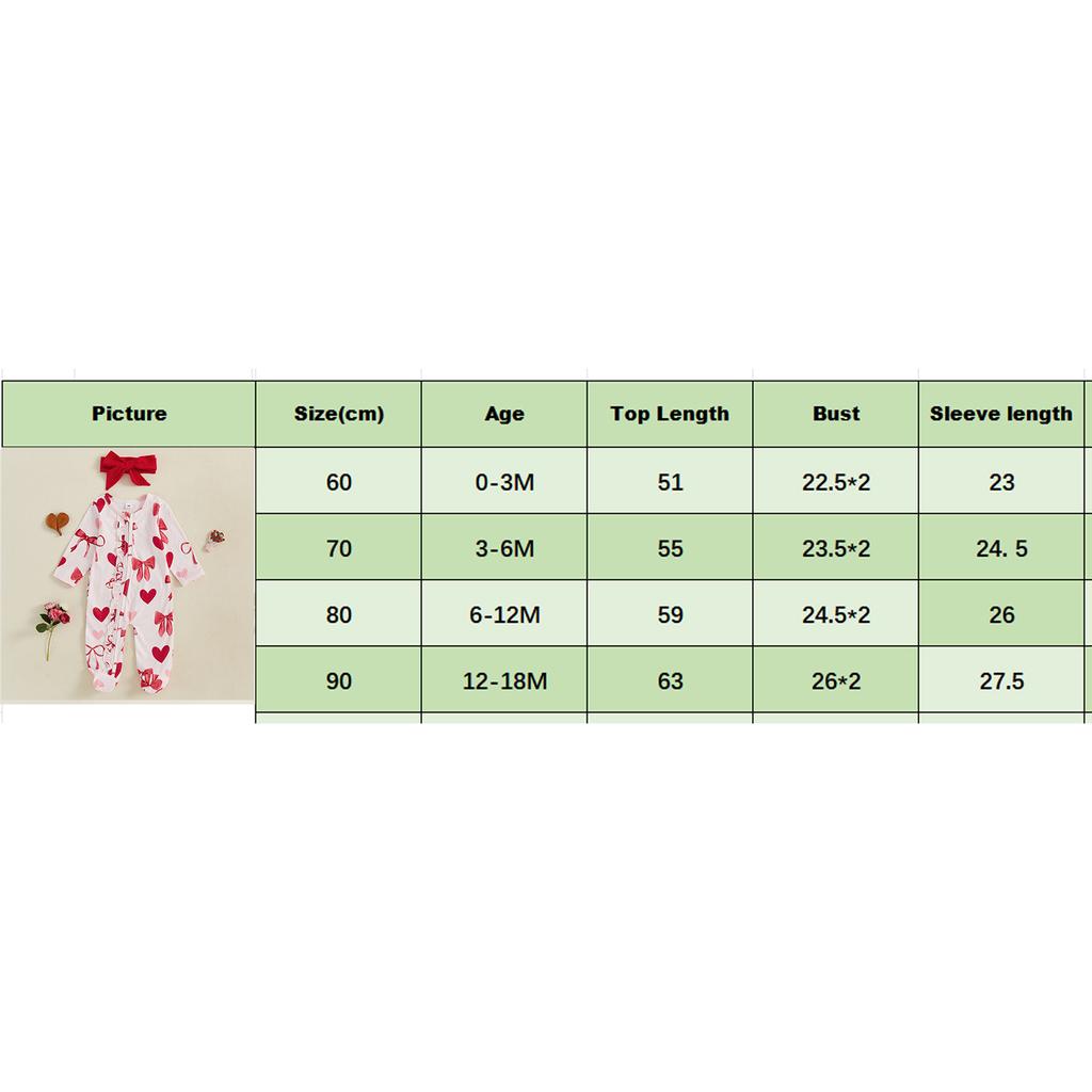 Baby Girls Outfit, Long Sleeve Crew Neck Bow Heart Print Footies Jumpsuit and Headband Fall Clothes