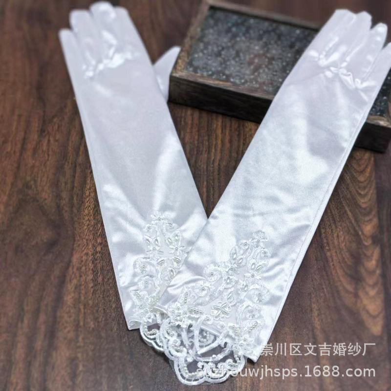 Luxury Long Lace Hollow Sequins Embroidered Wedding Dress Gloves Bag Finger White Dress Wedding Accessories