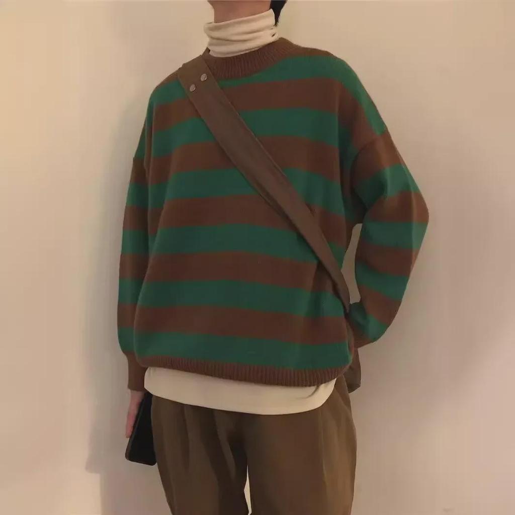 Men's Retro Striped Sweater: Korean Style, Loose Fit, Round Neck, Autumn/Winter Trendy Casual Unisex Knitwear