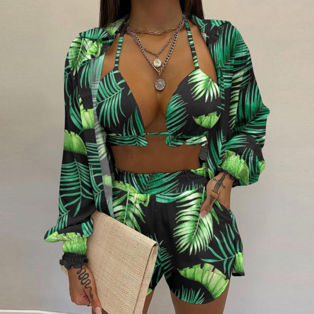 Sexy Floral Print Three Piece Beachwear Set with Bikini Top, Shorts, and Cover-Up Shirt