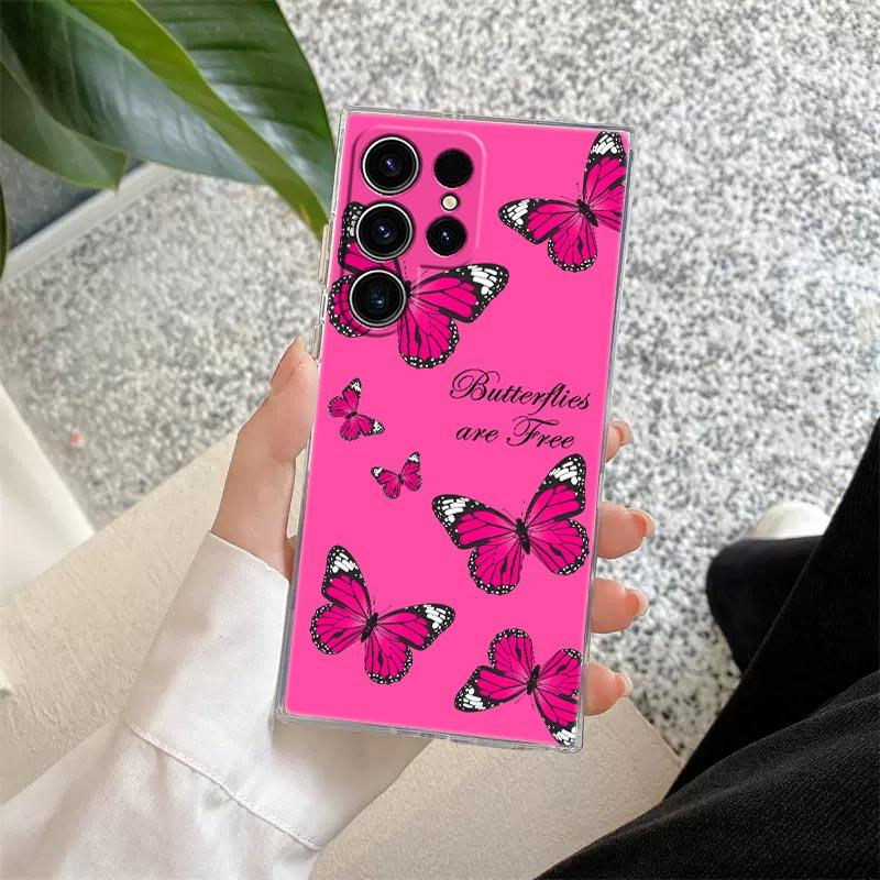 Pink Butterfly S25Ultra Clear Case For Samsung Galaxy S25 S24 S23 Ultra S20 S21 FE S22 Plus A56 A55 A36 A26 5G Soft Phone Cover