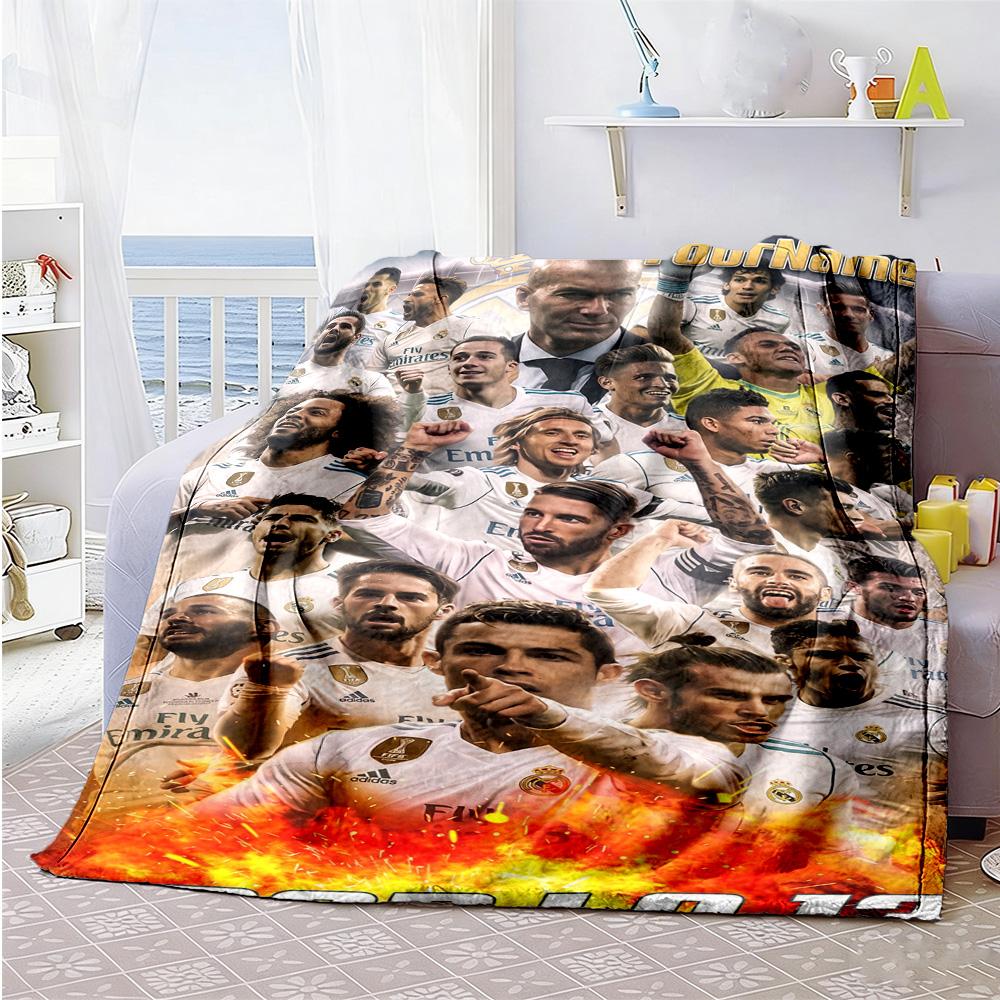 Real Madrid Personalized Text Blanket Throw Customizable Blanket Soft & Cozy Throw For Bedding Office Chair Office Bed Four Seasons Multipurpose
