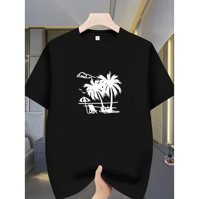 Taglie Europee Uomo Girocollo Stampata T-Shirt da Spiaggia Albero di Cocco, Trendy e alla Moda, Traspirante e Assorbente il Sudore