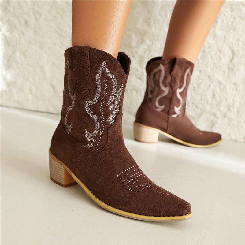 FOREADA Stivaletti da Cowboy Corti da Donna Punta Quadrata Tacco Medio Spesso Ricami Stivale da Cowgirl Occidentale Scarpe alla Moda da Donna Inverno 46