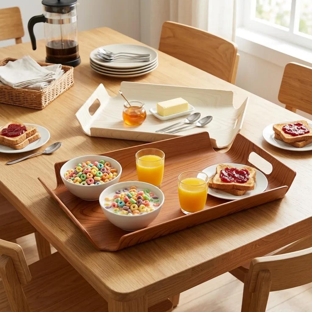 Wood Grain Plastic Serving Tray with Handles Rectangular Food Breakfast Tea Coffee Tray Kitchen Organizers Perfume Storage Tray
