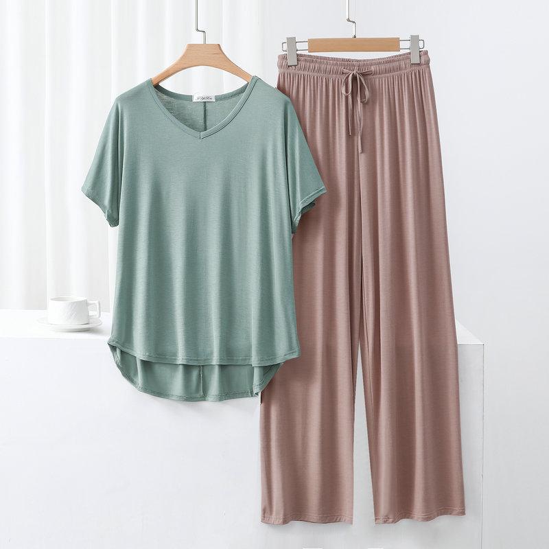 Summer Modal Homewear 2 Piece V-Neck Short Sleeve Tshirt and Wide Leg Pant Ankle Length Loose Sleepwear Set Comfort Pajama Sets