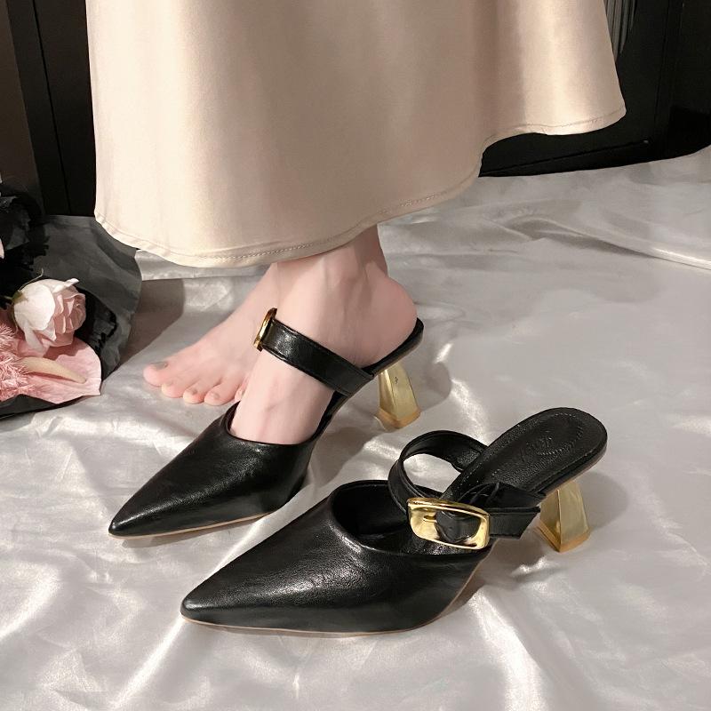 Slippers thin heel sandals pointed head sexy high heel 2025 women's French Mueller temperament spring and summer bag head new half slippers