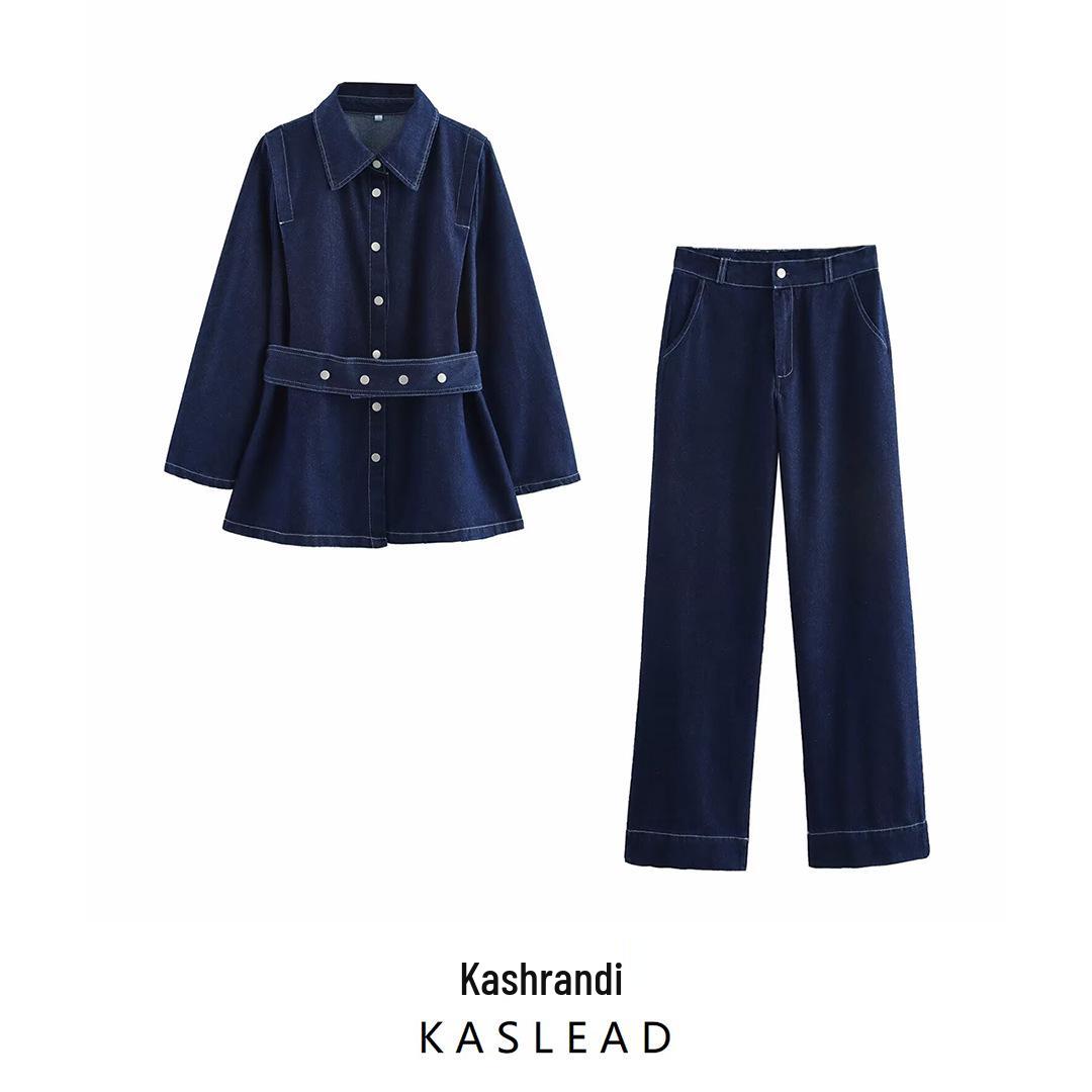 

2025 Spring Women s European & American Fashion: Loose Belted Top & High-Waist Long Pants S