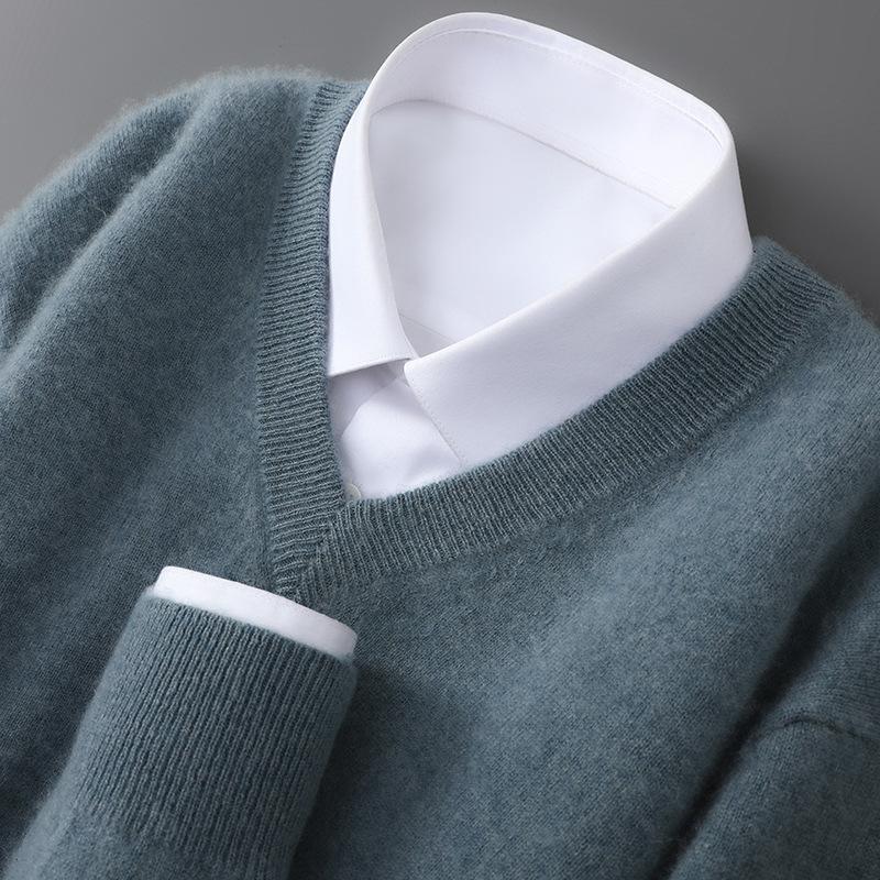 Men'S Pure Cardigan V-Neck Pullover Long Sleeve Sweater Business Casual Warm Cashmere Knitted Bottom Top